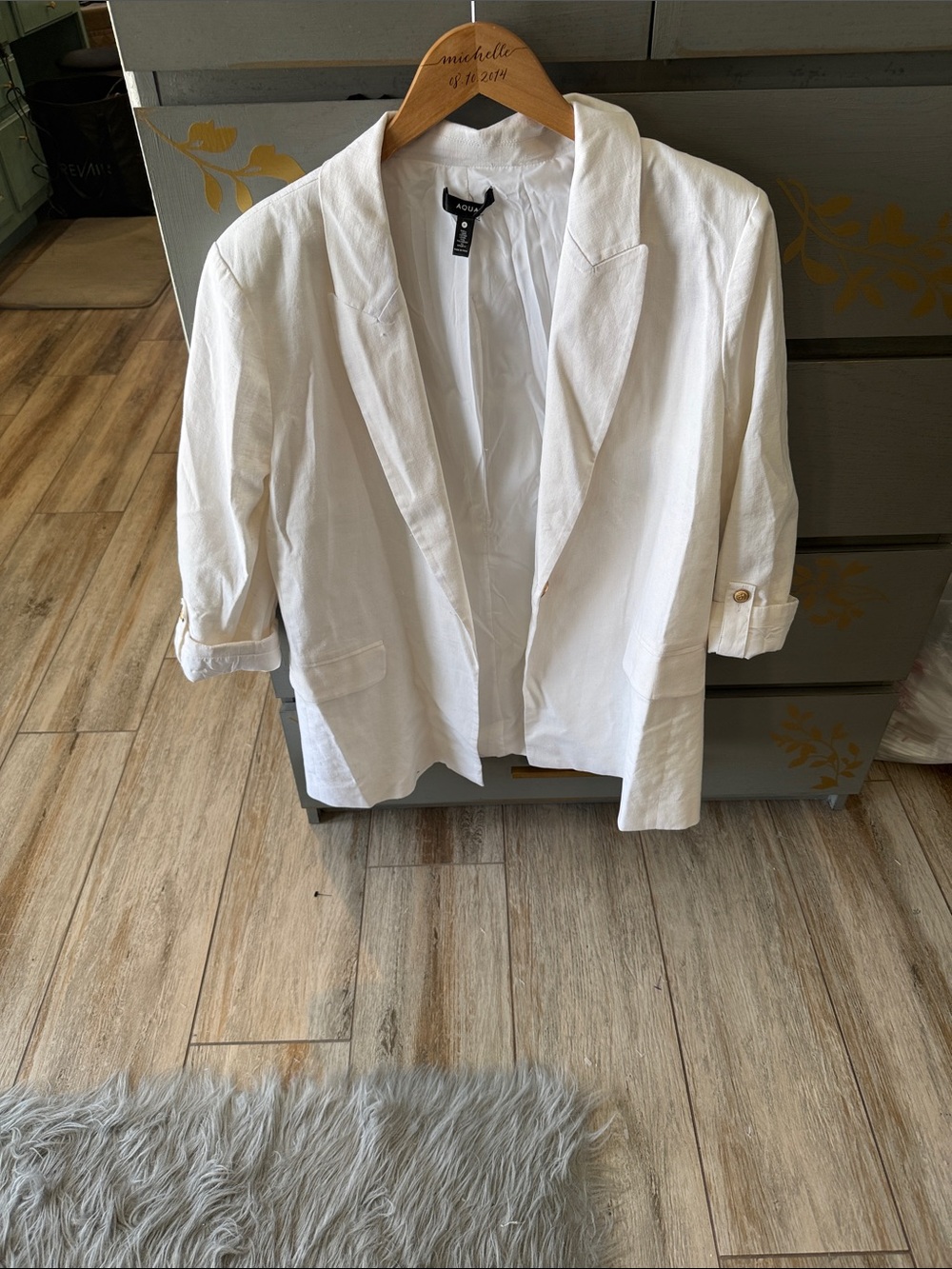 Aqua White Open-Front Linen Blend Blazer